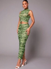Hauture Tie Dye Drawstring Top & Skirt Two Piece Set