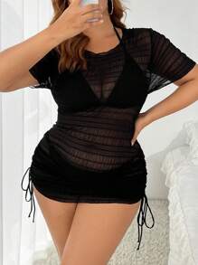 Swim Lushoire 大尺碼女款網紗短袖罩衫嘉年華 - 黑色 - 查看 1