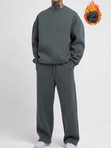 Manfinity Homme Men's Plain Round Neck Long Sleeve Loose T-Shirt And Pants Set - Grey - View 1