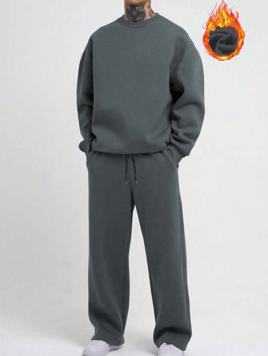 Manfinity Homme Men's Plain Round Neck Long Sleeve Loose T-Shirt And Pants Set - Grey - View 1