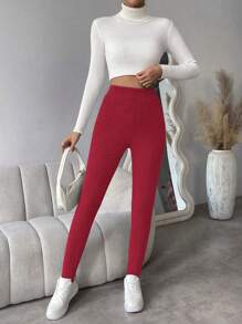 SHEIN Essnce 女士高腰保暖内衬紧身裤 - 紅色 - 查看 5