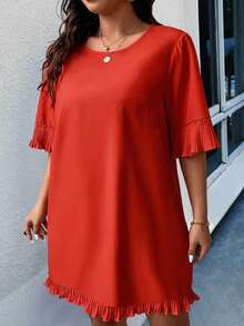 SHEIN LUNE 大尺寸純色荷葉邊下擺連身裙 - 橘色 - 查看 4