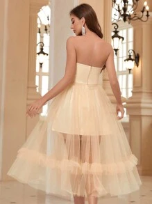 SHEIN Belle Women's Bowknot Twisted Sheer Dress With Full Swing, Dreamy And Elegant For Cocktail Party - Champagne - View 4