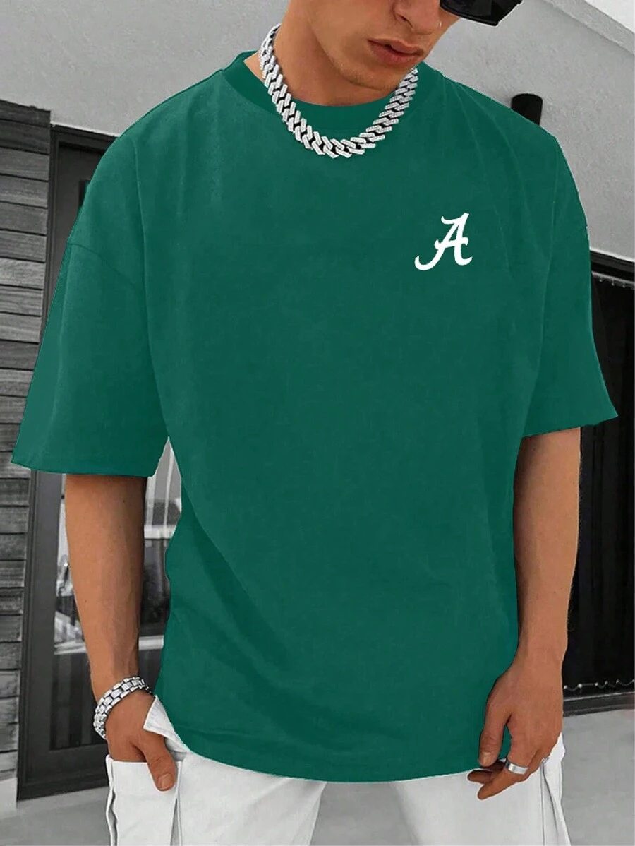 Manfinity Hypemode 男款字母印花圓領 T 卹 - 墨綠色 - 查看 1