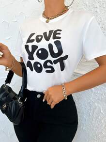 SHEIN Essnce 女款短袖衣服,印有標語圖案 - 白色 - 查看 3