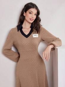 Seusyu 女士彩色領口拼接洋裝,配有燈籠袖 - 卡其色 - 查看 1