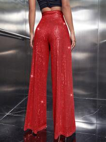 SHEIN Allurite Sequin Wide Leg Pants - Red - View 2