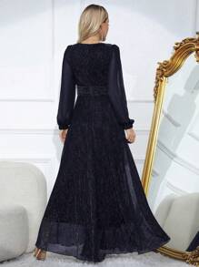 SHEIN Belle 透明網插燈籠袖優雅正裝連身裙 - 藏蓝色 - 查看 2