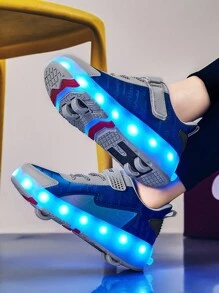 兒童升級版升級版腳跟輪鞋,配有四個輪子以增加穩定性和自動收縮輪子,耐用的鞋面材料和防撞頭帶led燈和可充電多種模式,可拆卸雙用運動鞋 - 彩色 - 查看 4