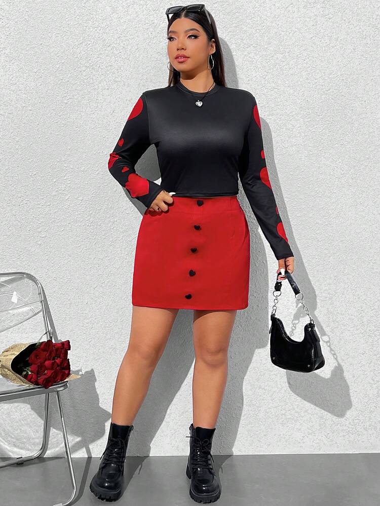 Plus Size Women's Heart Print T-Shirt For Valentine's Day
