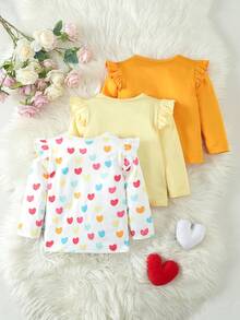 3入組嬰幼女孩純色上衣,具心形印花 - 黃色 - 查看 2