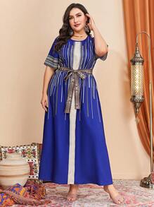 Al Najma Plus Striped Print Belted Dress Kaftan Jalabiya Dress - Royal Blue - View 6