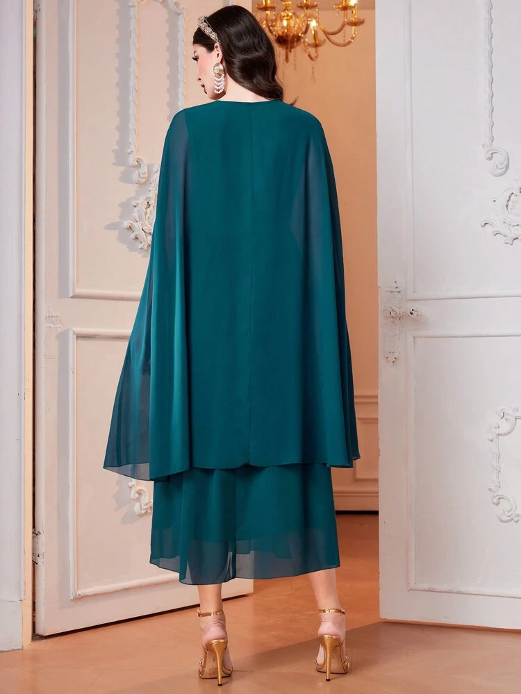 Color Block Embroidered Applique Cape Sleeve Dress Long Evening Dresses Fall Cloth For Women