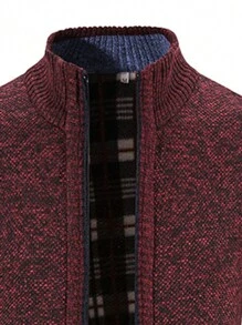 NITAGUT Men Contrast Plaid Lining Zip Up Jacket - Burgundy - View 5