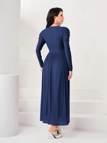 Modelyn 女用褶皺抽繩腰泡泡袖連身裙 - 寶藍色 - 查看 2