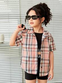Girls' Street Style Knit Sleeveless Top & Shorts Set With Oversized Shirt - Multicolor - View 3