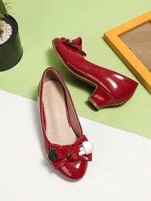 新品女孩優雅禮服鞋-紅色圓頭粗高跟鞋，帶蝴蝶結，適合小女孩 - 紅色 - 查看 3