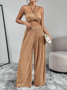 Firerie Women'S Pleated Halter Top And Trouser Set - Khaki - View 4