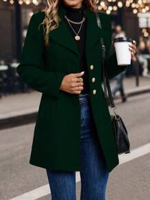 SHEIN Clasi Ladies' Solid Color Overcoat With Single Breasted Design, Ladies Late Fall Casual, Elegant Button Regular Sleeve Waterfall Regular Fit Dark Green Plain Women Overcoats, Casual Daily Wear - Dark Green - View 1