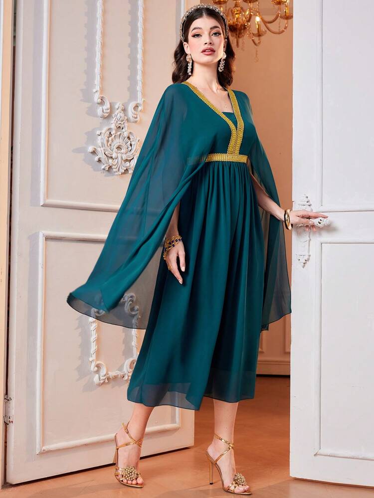 Color Block Embroidered Applique Cape Sleeve Dress Long Evening Dresses Fall Cloth For Women