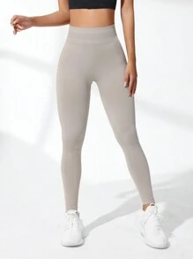 SHEIN Sports 女款无缝高弹运动健身紧身裤瑜伽裤 - 杏色 - 查看 2
