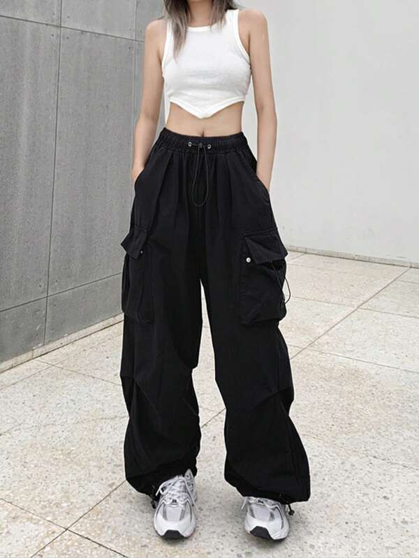 Women's Retro Drawstring Waist Wide Leg Loose Casual Cargo Pants