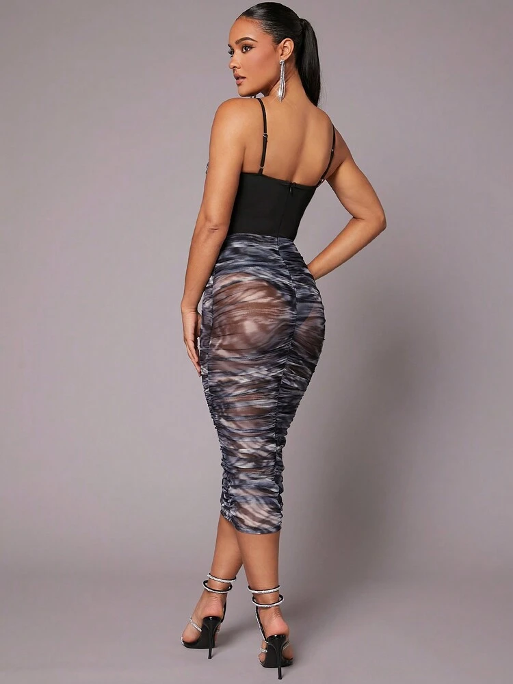 Marble Print Sheer Chain Strap Dress