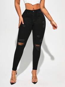 SHEIN SXY Women'S Ripped Denim Jeans - Black - View 5