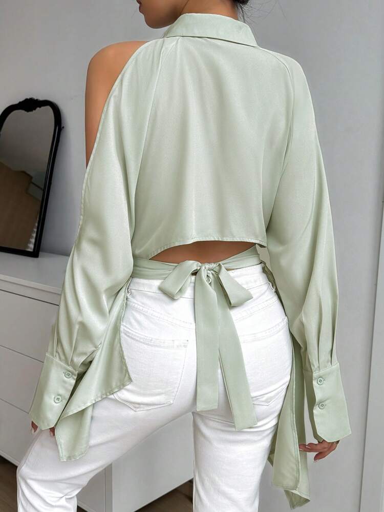 Open Shoulder Hollow Out Sleeve Solid Color Shirt With Back Tie