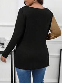 SHEIN LUNE Plus Size Women's Loose Cowl Collar Contrast Color T-Shirt - Multicolor - View 2