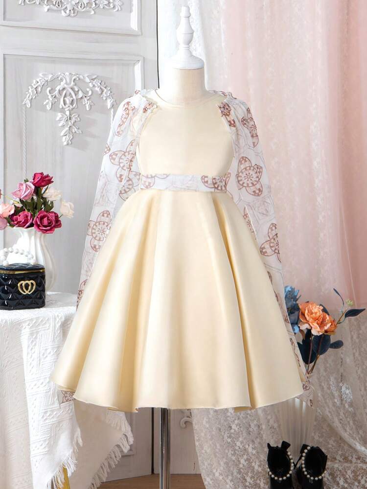 Young Girl Embroidered Mesh Cape Dress Suitable For Birthday Party, Classmate Gathering, Piano Performance, Wedding Reception, Flower Girl Wedding