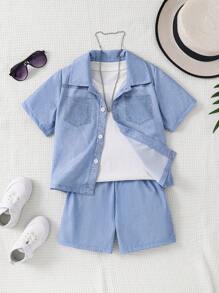 SHEIN Young Boy 2pcs/Set Everyday Casual Comfortable Short Sleeve Jacket & Shorts, Sun-Like & Handsome Design, Suitable For Spring And Autumn - Blue - View 1