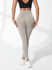 SHEIN Sports 女款无缝高弹运动健身紧身裤瑜伽裤 - 杏色 - 查看 4