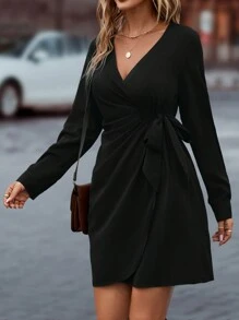 SHEIN LUNE Nút ven Bọc Tay áo dài Đầm - màu đen - Xem 5