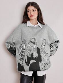 Mulvari Của phụ nữ Hoạt hình Nhân vật In Vòng cổ Thả vai Lông cừu Áo nỉ - Xám - Xem 6