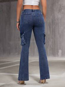 SHEIN BAE 女士貨櫃風口袋喇叭褲 - 藍色 - 查看 2