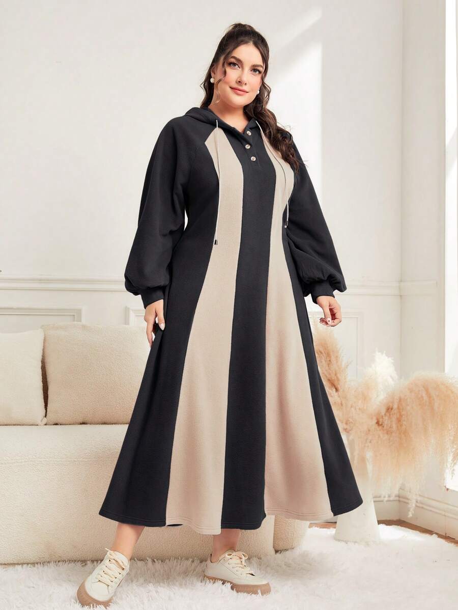 Mulvari 大尺碼拼色鈕扣半開襟氣球袖裙 - 黑與白 - 查看 1