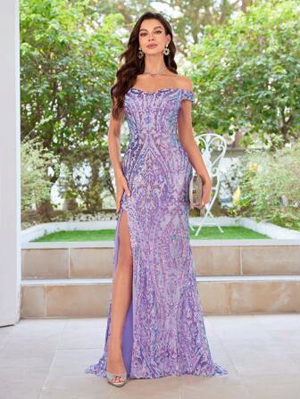 AOSHABABI 女士露肩高开叉亮片修身优雅晚礼服。适合所有正式场合、婚礼宾客、新年、节日派对、鸡尾酒会、约会、度假、舞会和伴娘。