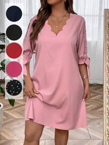 Flouryn Plus Scallop Trim Knot Cuff Dress - Pink - View 1