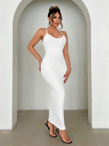 SHEIN SXY Vestido De Mujer Con Cuello Halter Descubierto Y De Un Solo Color Para El Día De San Valentín, Una Primera Cita, Ropa De Primavera Para Mujeres, Vestido De Cumpleaños, Traje De Fiesta De Soltera, Vestido De Cóctel, Vestido Corto De Noche - Blanco - Ver 6