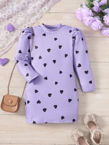 SHEIN Little Girls' Heart Pattern A-Line Ribbed Dress - Purple - View 1