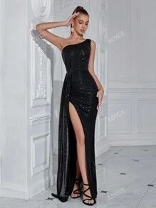 ADYCE Vestido largo de cóctel, fiesta y boda elegante con un hombro, abertura alta, cintura marcada, lazo y lentejuelas, para graduación, cena formal y eventos nocturnos