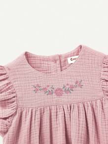 Cozy Pixies Baby Girl Flower Patterned Round Neck, Ruffle Trimmed Pullover Top - Dusty Pink - View 3