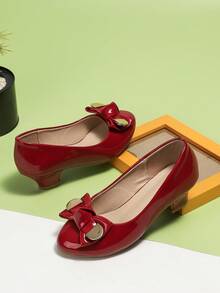 新品女孩優雅禮服鞋-紅色圓頭粗高跟鞋，帶蝴蝶結，適合小女孩 - 紅色 - 查看 6