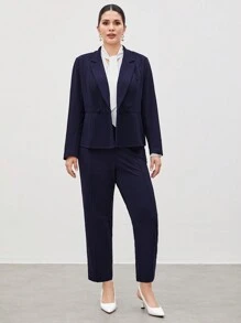 BizChic 大尺碼翻領長袖西裝外套和褲子套裝 - 藏蓝色 - 查看 6
