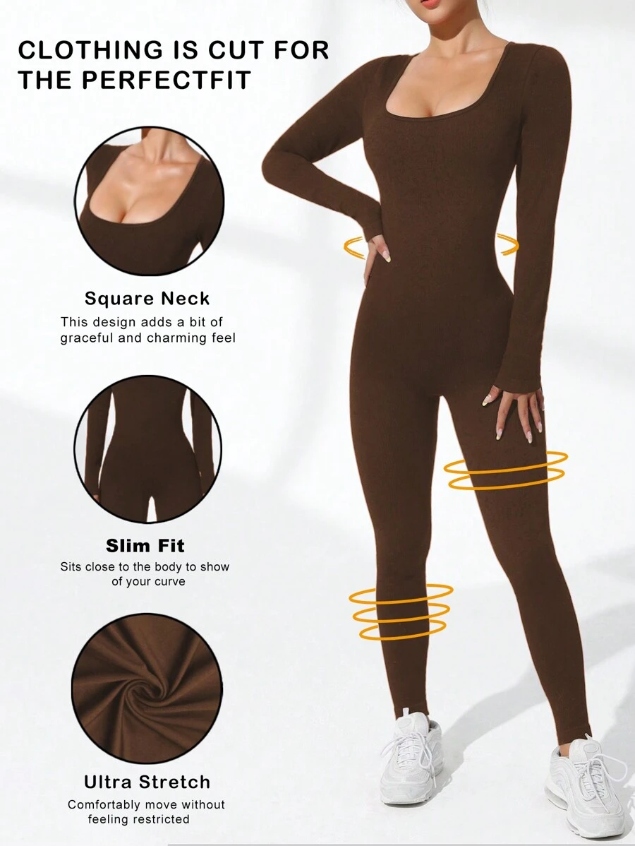 Easithlete Slim Fit Ribbed Long Sleeve Jumpsuit,Brown Set. Brown Bodysuit. - Coffee Brown - View 1