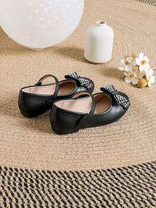 女童鞋,秋冬季經典公主鞋具有柔軟的鞋底,新款式時尚的黑色復古輕巧可愛的蝴蝶結平底鞋,適用於大童 - 黑色 - 查看 2