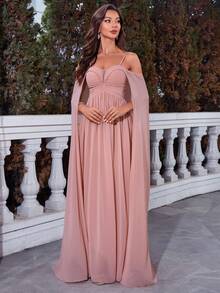 Cold Shoulder Ruched Bustier Chiffon Bridesmaid Dress - Baby Pink - View 4