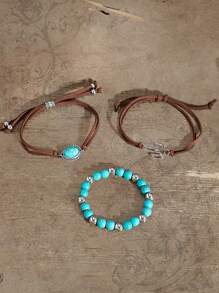 ROMWE Hippie 3pcs Western Cowboy Style Cactus Decor Turquoise Beaded Bracelet Set - Multicolor - View 3