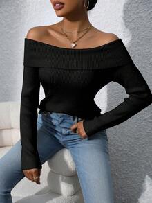 SHEIN Privé Của phụ nữ Một bờ vai Đồ đan Ribbed Tay áo dài Áo len - màu đen - Xem 3